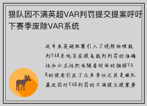 狼队因不满英超VAR判罚提交提案呼吁下赛季废除VAR系统